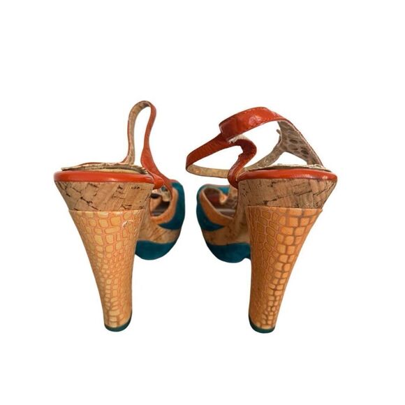 Poetic License London Orange Teal Peep Toe T-Strap Summer Fling Heels 8 - Picture 5 of 13